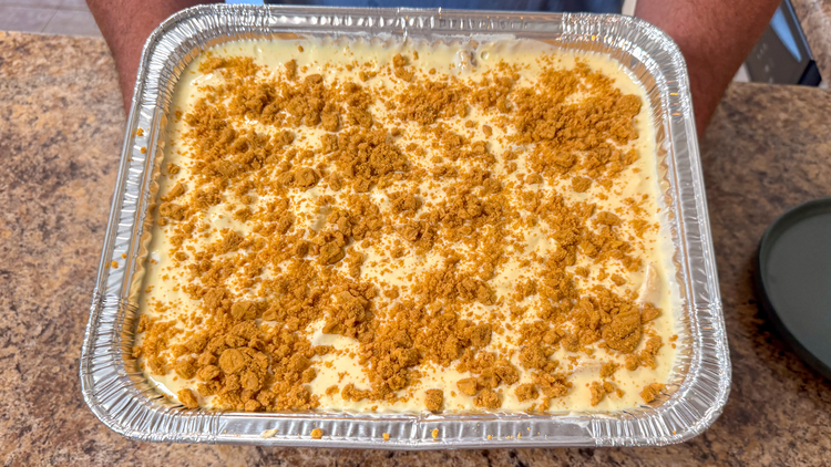 Finished Banana Pudding garnished with Nutter Butter Cookie Topping