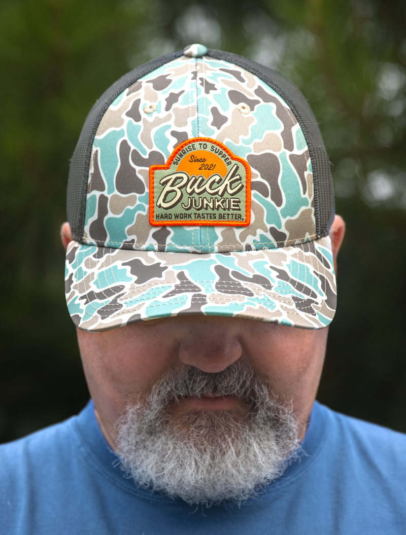 Load image into Gallery viewer, Buck Junkie Sunrise to Supper Trucker Hat
